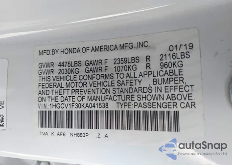 2019 Honda Accord Sport из США, поврежденный, VIN 1HGCV1F30KA041538